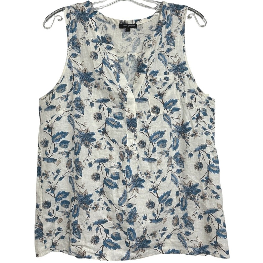 Anne Carson Tank Top Women Floral Blue Tan Linen Blend Coastal Cottagecore L